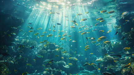 Wall Mural - underwater scene teeming with life: fish school around vibrant coral reef