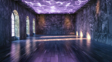 Empty Room In Purple Tones. Purple Iridescent Lava On The Ceiling. Glossy Parquet. Stone Wall Texture. Falling Rays, Arched Windows. Background For Presentation, Advertising And Promotion.