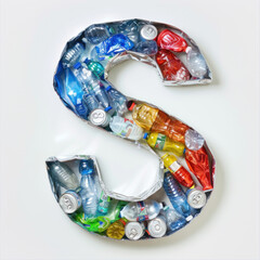 Alphabet Letter S Constructed From Mixed Recyclable Materials on a Clean Background