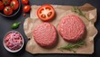 Raw homemade hamburger meat. Top view, flat lay. Copy space