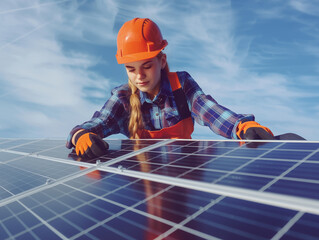 Engineering female Installing Solar Cell panels on Roof. Solar energy clean and green alternative energy concept.