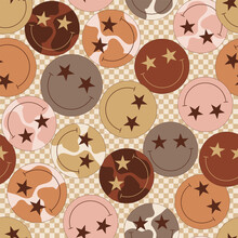 Groovy Colourful Cow Spotted Smiling Faces With Star Shape Eyes On Checkerboard Vector Seamless Pattern. Hand Drawn Retro Howdy Wild West Aesthetic Background.