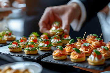 Man hand taking canape served on celebration event