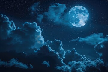 Wall Mural - dramatic photo illustration of a nighttime sky with brightly lit clouds and large, bright full moon 