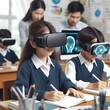 kids using virtual reality glasses to note down school education project