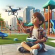 A child flying a drone with remote control and playing in the playground