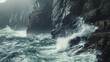 The image captures a powerful storm with waves violently crashing against dark, rugged cliffs