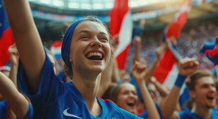 Poster - A young woman fan wearing a blue French team t-shirt cheering with her friends at the stadium