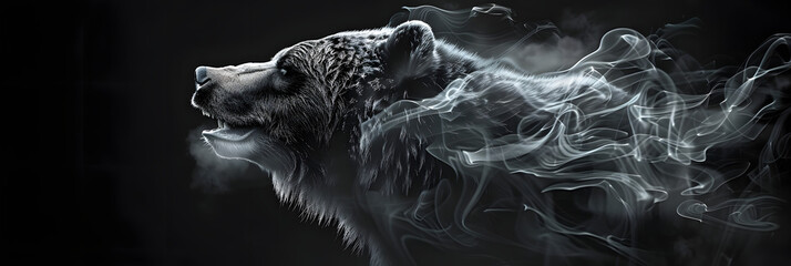 Sticker - a black and white picture of a bear on a dark background with smoke coming out of it's mouth.