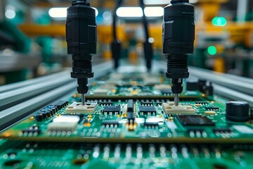 Wall Mural - Quality control check on circuit board assembly line with high precision robot arms at electronics factory. Concept Robotics, Circuit Board Assembly, Quality Control, Electronics Manufacturing