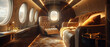 Executive dog in airplane seat, over-the-shoulder shot, refined interior, ambient cabin light, superrealistic
