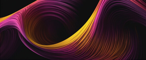 Wall Mural - Pink yellow purple color abstract gradient wave swirl shape on black background, grain texture effect, copy space colorful background