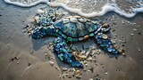 Fototapeta  - Glass and Plastic Trash Sea Turtle Washed Up on Beach in National Geographic Photo