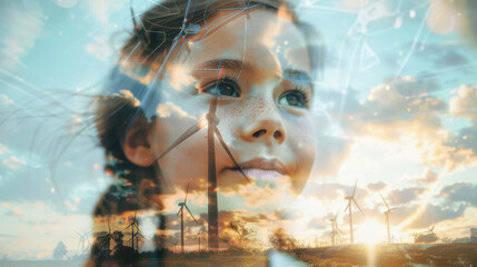 Wall Mural - Portrait of a hopeful for the future girl kid letting see a wind turbine for green energy and CO2 emission reduction