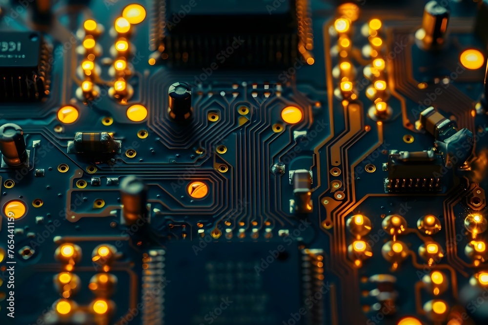 Closeup of a printed circuit board with microchips and components ...