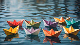 Fototapeta  -  Colorful origami paper boats sailing in water. AI generated image, ai