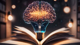Fototapeta  - Creative concept of human brain in light bulb on an open book. AI generated image. Creative brain Idea and light bulb concept ,Business and education concept. AI generated image, ai .