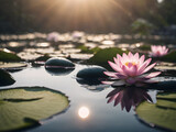 Fototapeta  - Lotus flower blooming on a tranquil pond. AI generated image, ai.