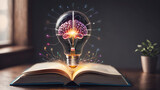 Fototapeta  - Creative concept of human brain in light bulb on an open book. AI generated image. Creative brain Idea and light bulb concept ,Business and education concept. AI generated image, ai .