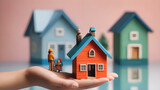 Fototapeta  - Hand holding model house. Property home and real estate insurance concept. miniature model house. Mortgage concep. AI generated image, ai..