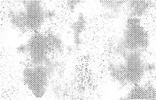 Vector Distressed Halftone Pattern. Grunge Halftone Black And White. Background Pattern Gray Scale Monochrome. Texture Black And White Vintage. Dark Monochrome Background For Design