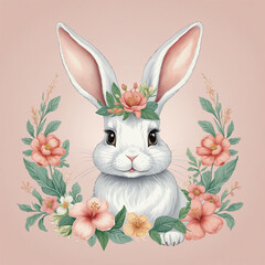 Poster - Cute vintage art style rabbit with spring flower decoration. Hand drawn floral ornament and bunny animal. Easter holiday celebration event design concept on isolated background. colorful background