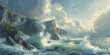 The evocative scene captures the raw power of the sea clashing with cliffs under a sky of billowing clouds