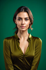 Poster - A woman in a green shirt is posing for a picture. She has a nice smile and is looking directly at the camera