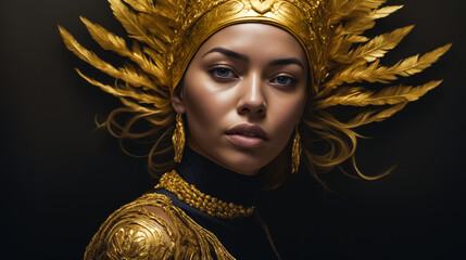 Sticker - A woman wearing a gold headdress and gold jewelry. She has a gold necklace and earrings