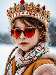 Sticker - A young girl wearing a crown and sunglasses. She is wearing a scarf and a jacket. The girl is smiling and looking at the camera