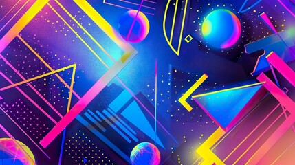 Wall Mural - A retro 80s style background with neon colors and geometric shapes, great for adding a vibrant and energetic look to designs