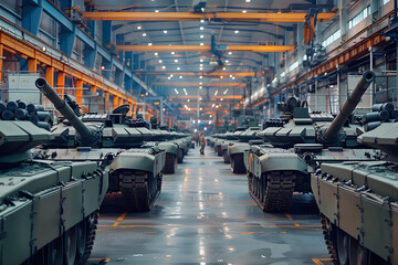Poster - military tanks in production line at an armament factory.