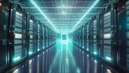 Poster - 3D rendering of server room with data center and blue lights. Big data center technology warehous with servers information digitalization Starts, AI Generated