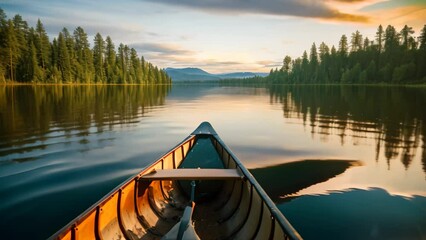 Wall Mural - Kayak on the lake in the mountains at sunset. Karelia, Russia, canoe on lake, AI Generated