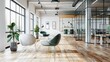 A modern office interior with a minimalist design and natural light, great for adding a clean and spacious look to designs