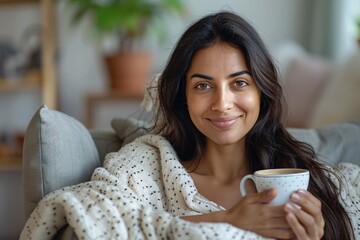 A picture of a happy, lovely Indian lady relaxing in a comfortable chair with a warm beverage in her hands on a peaceful weekend morning in a contemporary living space.