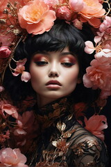 Wall Mural - Beautiful young asian woman in make up portrait on bright flowers background. Abstract art poster .