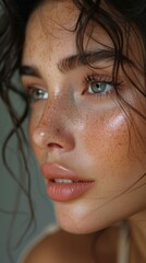 Wall Mural - Close-up portrait of a person with freckles, damp hair, blue eyes, natural makeup, and glossy lips