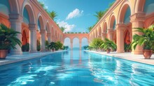 Elegant Arched Corridor Beside A Tranquil Reflective Pool, Surrounded By Palm Trees Under A Clear Blue Sky