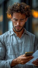 Canvas Print - Focused man with curly hair reads a paper while holding a smartphone in his hand