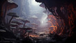 Ancient huge fantasy cave filled with ancient mushroom