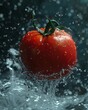A plump tomato bursts into the scene, water splashing dynamically around it, showcasing its vibrant red against the night
