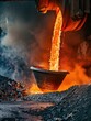 Erupting molten steel in a high-temperature furnace - A mesmerizing image of molten steel erupting from a furnace in a foundry, emphasizing the dangerous yet captivating process of metal production
