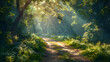 A dirt road surrounded by trees and grass with the sun shining through the trees.