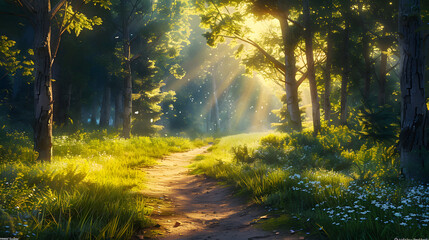 Wall Mural - A dirt road surrounded by trees and grass with the sun shining through the trees.