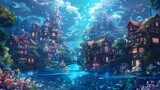 Fototapeta  - Twilight descends on an enchanted underwater village, where charming houses nestle among coral gardens and bubbles float towards the surface.