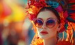 Beautiful girl on carnival with colorful face dress and sunglasses. Beauty model woman with carnival mask at party