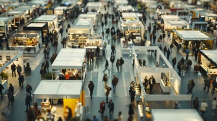 Wall Mural - Blurred Trade fair show background, exhibition with booths for business, companies and industry to showcase and demonstrate products and services, for people, partners and customers