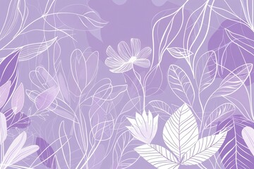 Leaves plants and flowers in white outline or minimal silhouette design, pastel purple spring background vector, abstract floral wedding announcement or invitation, beautiful garden banner pattern 