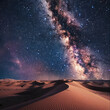 A magnificent sight of the milky way stretched above the desert dunes, showcasing the vastness of the cosmos contrasted with the earthly sands
